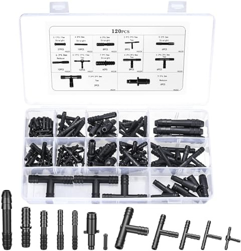 ywchoshe 120 Piezas Conector Manguera para Riego por Goteo, Conectores de Manguera, Conector en T, Pieza Recta, Reductores para Mangueras de Jardín, Goteo(Negro)