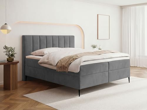 WFL GROUP Boxspringbett mit Bettkasten – Polsterbett 180 x 200 cm mit H4 Taschenfederkern 7-Zonen Matratze & 5 cm Topper – Stauraumbett mit hohem Kopfteil & Metallfüße – Samt Velours Grau