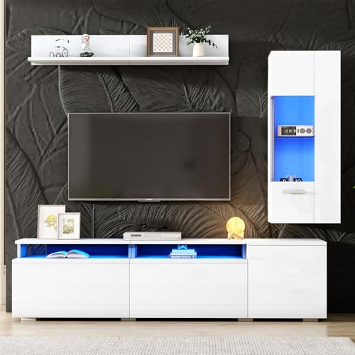 BNUZ Set da parete per TV, 3 pezzi, mobili da soggiorno, parete frontale, 1 armadio TV, 1 vetrina per soggiorno, 1 mensola da appendere
