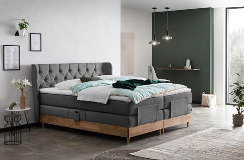 Belanoti EON Boxspringbett 200x200 elektrisch verstellbar 7-Zonen Taschenfederkern Matratze inkl Visco Topper Bett 200x200 mit Motor in der Farbe Anthrazit H2/H3 Polsterbett Motorbett Massivholz Eiche