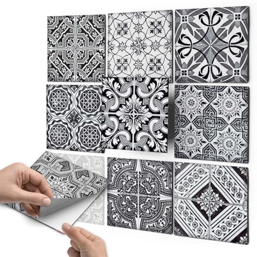 Mosaikfliesen Folie - CREATISTO Fliesensticker u. Fliesenaufkleber I Klebefolie Fliesen Aufkleber Folie Sticker für Küche u. Bad-Fliesen Wanddeko I 10x10 cm - Motiv Black n White - 18 Stück