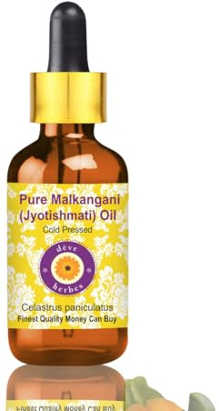 Deve Herbes Pure Malkangani (Malkangani/Jyotishmati) Oil (Celastrus paniculatus) with Glass Dropper Cold Pressed 15ml