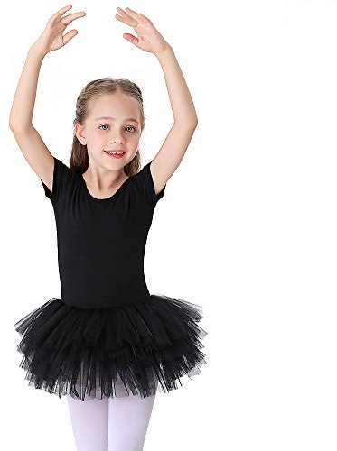 Bezioner Kinder Ballettkleidung Tütü Ballettkleid Mädchen Baumwolle Balletttrikot Kurzarm Ballettanzug Tanzbody mit Rock Schwarz 130