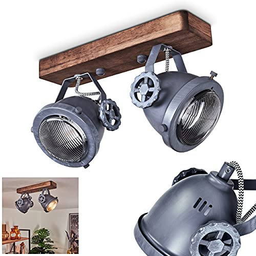 HOFSTEIN Deckenleuchte Herford, verstellbare Deckenlampe aus Metall/Holz/Glas in Braun/Natur/Grau/Klar, Leuchte im Industrial/Retro/Vinntage-Design, 2xGU10, Esszimmmer, Schlafzimmer, Wohnzimmer, Küche