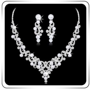 Ushiny Set di gioielli da sposa in argento con collana e orecchini con cristalli e orecchini pendenti, per donne e ragazze