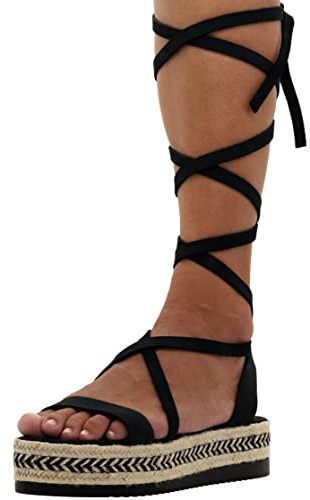 Emmanuela Sandali alti al polpaccio in paglia, sandali fatti a mano con legatura gladiatore, scarpe estive con cinturino, sandali con lacci piatti con pizzo aperto, Nero, 39 EU