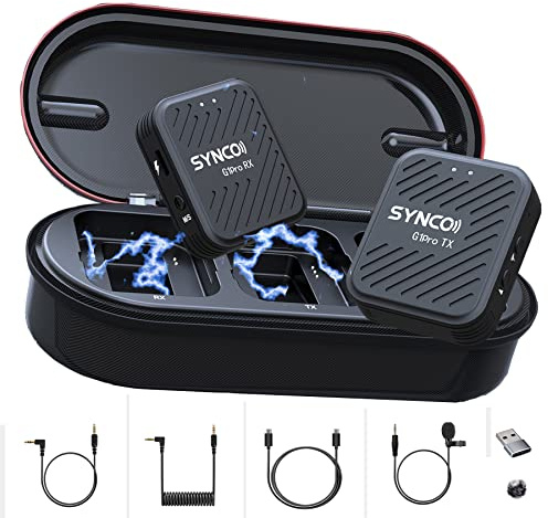 SYNCO G1 A1 Pro Microfono Lavalier Wireless 2.4G Clip On Risvolto Microfono Sistema Trasmettitore Kit Ricevitore con Custodia di Ricarica per Fotocamera DSLR Smartphone