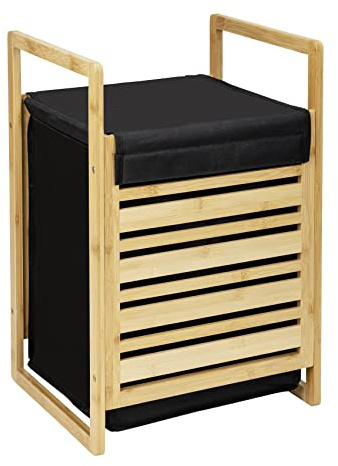 WENKO Wäschetruhe Ecori, Wäschesammler 47 Liter, aus FSC®-zertifiziertem Bambus, Wäschesack herausnehmbar aus recyceltem Polyester, 40 x 60 x 35, Natur/Schwarz