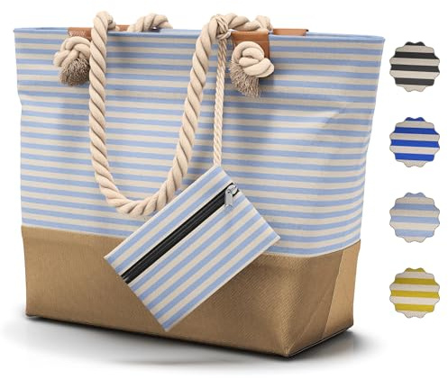 furora HOLIDAY Strandtasche XL - mit Reißverschluss & 2x Innentaschen (für nasse Badekleidung & Wertsachen) bequemer Griff, leicht, groß, wasserabweisend | Badetasche Damen & Herren (Hellblau)