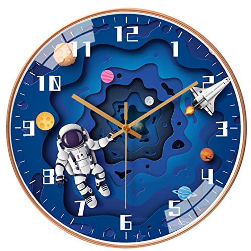 SWECOMZE Wanduhr Kinder Lautlos, Kinderwanduhr Weltraum Astronauten, Wanduhr für Junge und Mädchen, Kinder Wanduhr für Kinderzimmer Zuhause Büro (3060,10 Zoll/25cm)
