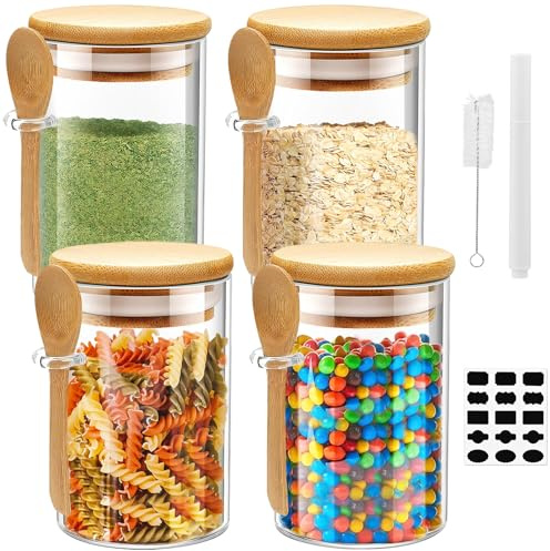 Yibang Glass Jars with Airtight Lid and Spoon, 4Pcs Glass Kitchen Storage Jars 4 x 600ml Spice Jars with Labels, Marker and Cleaning Brush, for Flour, Sugar, Coffee, Candy, Snack and More