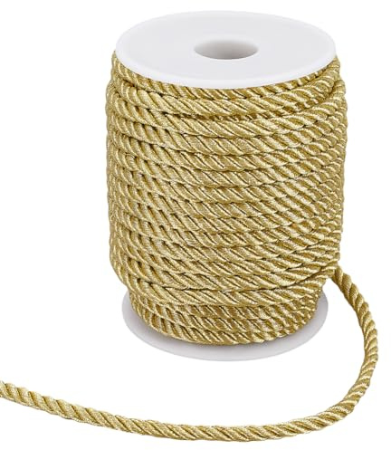 GORGECRAFT 60 metro 6 mm di Cordoncino Ritorto con Finiture Dorate, Corda Decorativa A 3 fili di Filo di Seta Intrecciato In Raso Lucido, per Decorazioni Fermatende Tende Artigianato Fai Da Te