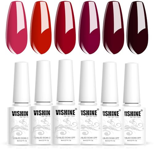 Vishine Set di smalti per unghie in gel rosso borgogna bordeaux di 6 colori cipria scura, vino rosso lucido, kit di smalti per unghie, gel UV LED, soak off manicure nail art, 8 ml