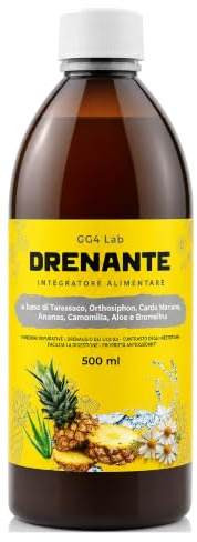 GG4Lab Drenante Forte Dimagrante Liquido 500ml | Ritenzione Idrica Pancia Piatta Gambe Sgonfie | Bromelina 2500 GDU, Tarassaco, Orthosiphon, Aloe Vera | 25 Dosi Gusto Arancia | Made in Italy