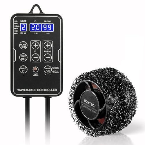 boxtech Aquarium Strömungspumpe 10 W,Aquarien WaveMaker,Fische Wellenpumpe | 8000L/H mit Controller und LED-Anzeige DC 24V, Starker Magnetsaugfuß