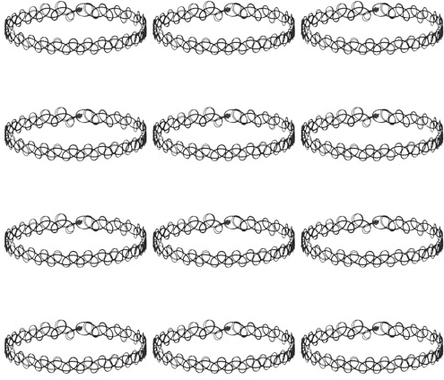 Andibro Elastische Halskette Set, 12 Stück Stretch Tattoo Halskette Choker Kette Damen Vintage Punk Gothic Tattoo Kette Gummi Halsband 90er jahre accessoires für Mädchen