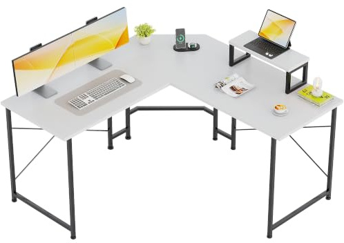 CAIYUN Corner Desk, 50 L Shaped Gaming Desk with Removable Monitor Stand, Computer Desk for Home Office, Metal Frame, White