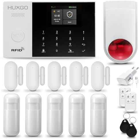 HUXGO® HXA005 Alarmanlage Haus WiFi + GSM mit Funk Sirene | Alarmanlage Wohnung mit App. TUYA | Alarm System mit 5X Bewegungsmelder, 5X Tür- Fenstersensor| Wohnmobil Alarmanlage