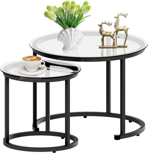 Huhote Runde Couchtische, 2er-Set, Beistelltisch, Beistelltisch mit Metallrahmen, für Wohnzimmer/Schlafzimmer/Balkon/Büro/Wohnung, Durchmesser 60 cm (schwarzer Rahmen, Glasplatte)