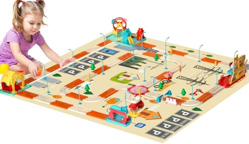 fisca 200PCS Eisenbahn-Set mit Karte Pad, Kleinkind Elektrische Eisenbahn Spielzeug, Flexible Thema Stadt Eisenbahn Tracks Geburtstag Weihnachten Geschenk-Set für 3-7 Jahre alt Kinder Jungen Mädchen