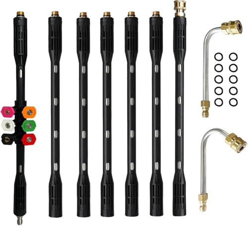 YUET High Pressure Washer Extension Wand, Extension Power Washer Lance with 6 Spray Nozzle Tips, 9 Pack Gutter Cleaner Attachment Curved Rod, 1/4 Quick Connect,Anti-Leaked Ring Replacement