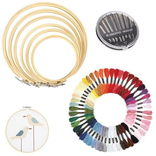 WUERKIYA Set di Telaio da Ricamo Fai-da-Te - Kit da Ricamo con Cerchi da Ricamo in Legno, Fili da Ricamo di 50 Colori, Ago da Ricamo da 30 Pezzi – Ideale per Punto Croce e Ricamo a Mano