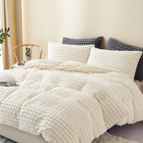 Freyamy Winter Bettwäsche 200x220 Beige Kunstfell Flanell Flauschig Winterbettwäsche Plüsch Warme Samt Biber ÖKO-TEX Bettbezug 1 Deckenbezug mit Reißverschluss und 2 Kissenbezug 80x80cm