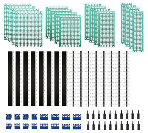 HUAZIZ 68 Pièces Circuit Imprimé Double Face Kit, 16 Pièces Double Face PCB Prototype Boards, 16 Pièces Fiches Mâle/Femelle, 16 Pièces 2/3 Broches Bornier à Visser, 20 Pièces Colonne en Nylon