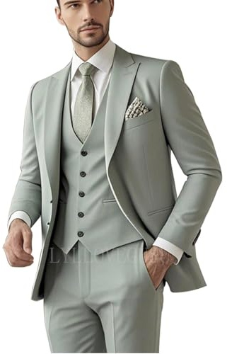 LYLLOVEGUSU Slim Fit Anzüge 3-teiliger Anzug für Herren, Hochzeitsanzug-Set, Zwei Knöpfe, Revers, Blazer, einreihige Weste, Hose, Dusty Sage Green, M