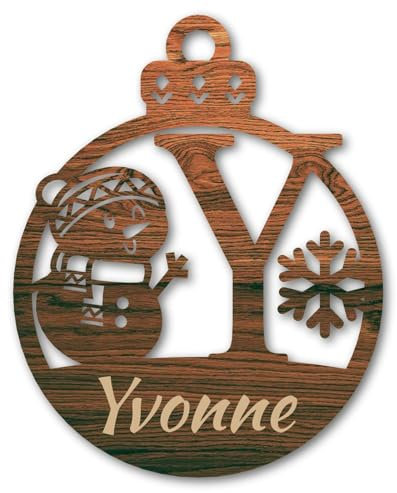 Urhome Weihnachtskugel personalisiert mit Wunschtext Gravur Buchstabe Y mit Schneeman Motiv Dunkel Braun - Ornament Christbaumschmuck Weihnachtsdeko Weihnachtsbaum Anhänger aus 6,5mm Holz