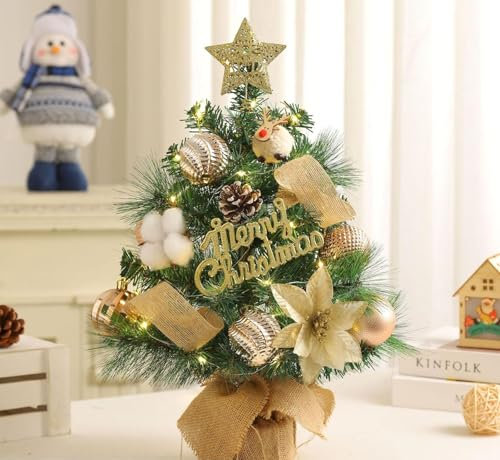 Kleiner Weihnachtsbaum mit Beleuchtung Mini Weihnachtsbaum Klein Geschmückt LED Tisch Tannenbaum Künstlich Klein mit Lichterkette Weihnachtsbäume mit Weihnachtsdeko DIY Tischdeko (Champagner, 45cm)