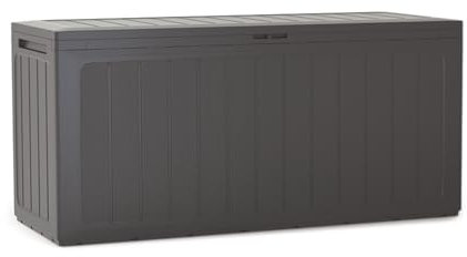 Stolmet Garden Storage Box 190 and 280 Litre Boardebox Effect | Plastic Outdoor Patio Parcel Tool Chest Log Store | Lockable Water-Resistant Weatherproof | Anthracite and Brown (Dark Brown, 280L)