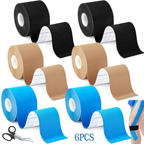 SaiXuan Kinesiologie Tape Set, 6 Rollen Sport Tape (5cm x 5m) mit Schere, Wasserfest & Atmungsaktiv, Elastisches Kinesiotape für Knie, Schulter, Ellenbogen & Physiotherapie,Schwarz/Hautfarbe/Hellblau