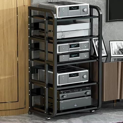 3/4/5-Tier Living Room Speaker Stand AV Receiver Media Cabinet, Gaming Consoles Audio-Video Rack Unit with Universal Wheels, Floor-Standing Easy to Build DVD Player Amp Shelves(White-B,5 Tie