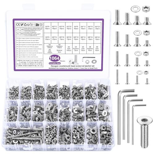 1064 Pcs M3 M4 M5 M6 Screws Set, Countersunk Bolts and Nuts Sets, Countersunk Nuts and Bolts Set with Washers, Flat Head Machine Screws Assorted, Hex Socket Head Cap Screw Assortment Kit + Wrench