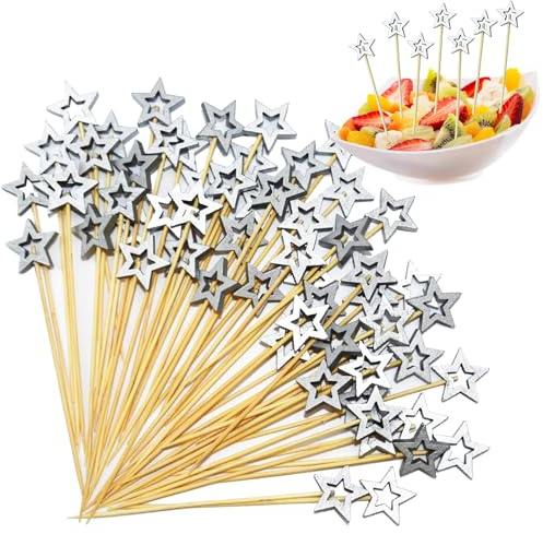60 Stück Stern Cocktailspieße, 12cm Fingerfood Spieße Weihnachten, Silber Sterne Holzspieße, Cocktail Zubehör Zahnstocher Holz, Partyspieße Cocktail Deko für Bar Party Obst (Silber)