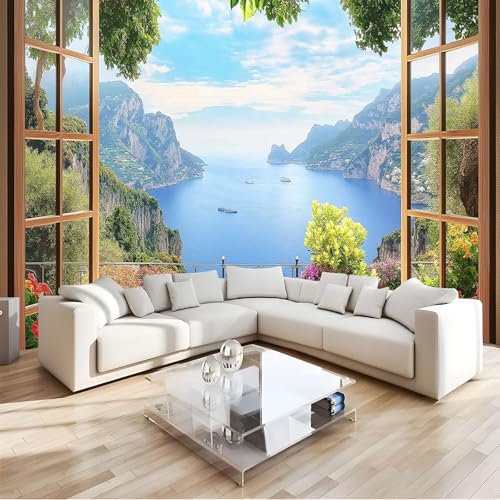 Papier Peint Panoramique 3D SoieFenêtres à cadre en bois,vue sur la mer et la montagne Murales Panoramique pour Salon, Adulte Chambre d'enfants, Restaurant Décoration Murale 350cm(L) x 256cm(H)
