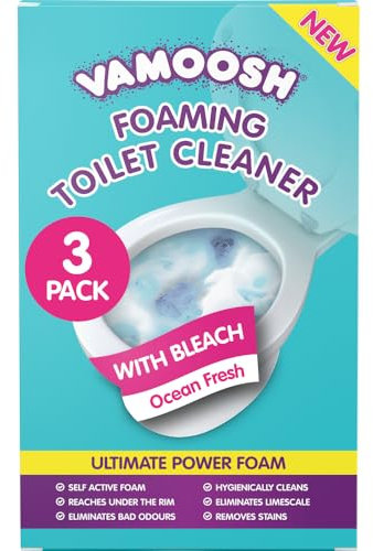 Vamoosh Foaming Toilet Cleaner with Bleach (3 Sachets) – Deep Hygienic Clean, Limescale Remover & Odour Eliminator – Hot-Water Activated Power Foam – Uplifting Ocean Fresh Scent