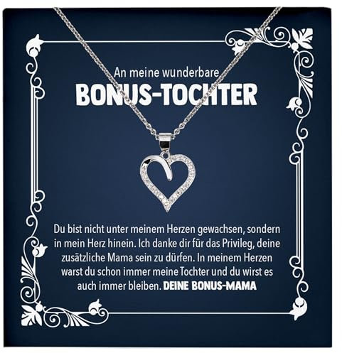 22Feels Wunderbare Bonus Tochter Stieftochter Geschenk von Stiefmama Silber 925/000 Herz Halskette mit Karte Mädchen Frauen Schmuck Geburtstag Weihnachten Firmung Konfirmation etc.
