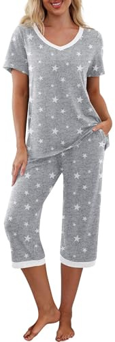 PrinStory Pyjamasset för kvinnor, sovkläder, lounge-kläder, kortärmad t-shirt, capribyxor, med fickor