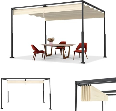 ACXIN Pergola med skjuttak, terrasstak av stålram, vattenavvisande 160 g PA-belagd polyester, fristående trädgårdspaviljong med justerbart solskydd (beige, 3 x 4 m)
