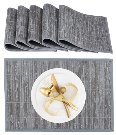 Relaxdays Tischset, 6er Set, Bambus, Stoffrand, rutschhemmend, 45 x 30 cm, Teller, Esstisch, eckiges Platzset, grau