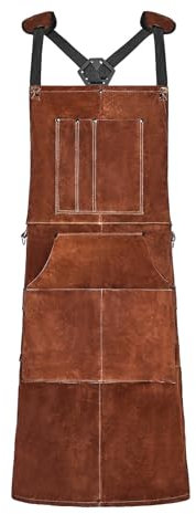 VEVOR Grembiule da Lavoro in Pelle per Saldatura, Grembiule da Saldatura Ignifugo in Pelle Bovina, Grembiule per Saldatore con 6 Tasche Portautensili per Lavorazione del Legno, Giardinaggio