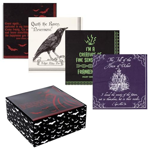 Steel Mill & Co Paper Napkins with Holder, Scary Book Inspired Halloween Party Napkins Set with Gothic Titles (Dracula, Frankenstein, The Raven, The Fall of the House of Usher)