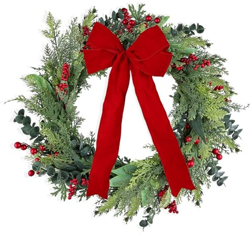 GOVIRAYE Türkranz Weihnachten (60 cm) - Weihnachtskranz für Haustür und Wohnung - Eukalyptus mit roten Beeren & Samtschleife - Wetterfest für Innen & Außen