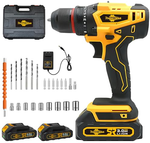 Rhovixster Power Drill Cordless 20V - 2 Speed with 2 Batteries and Fast Charger, 3/8-Inch Keyless Chuck, Power Drill Tool Kit for DIY, Home Repair, Wood & Metal Drilling (2x 3Ah Batteries)