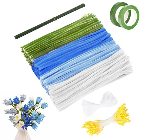 573 Stück Pfeifenreiniger Blumen Set - Mit Anleitung, Blumenstiele, Staubgefäße, Bänder, Floristenband, DIY Blumendraht, Pfeifenputzer Bunt Set für Maiglöckchen, Andere kreative Bastelarbeiten(Blau)