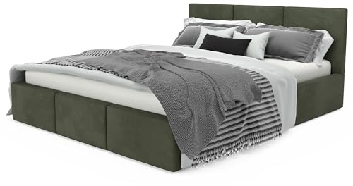Muralo Polsterbett 140x200 cm mit Bettkasten - Khaki | Doppelbett mit Gestepptem Kopfteil, Lattenrost, Samtbezug, Wasserabweisend & Kratzfest, ohne Matratze