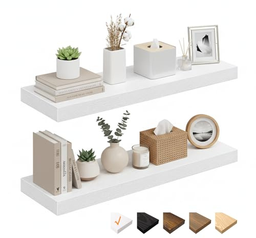 RICHER HOUSE Weiß Wandregale, 60 x 23,5 x 3,8 cm Wandboard MDF Holz,2er-Set | Holzregal Wand mit unsichtbaren Halterungen, Schweberegal für Schlafzimmer, Wohnzimmer, Badezimmer, Küche, Waschküche, Büro