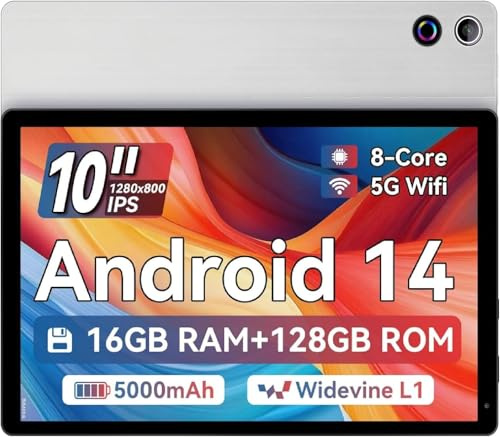MUISOO 10 Inch Android 14 Tablet, 16GB RAM, 128GB ROM (Expandable to 1TB), Octa-Core Processor, 1280 * 800 IPS HD Touchscreen, 5G/2.4G WiFi, BT 5.0, Dual Camera, 2 Speaker (Silver)